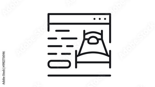 Online hotel booking vector icon illustration featuring a bed inside a web browser window, representing digital room reservation, travel accommodation website, and hospitality services.