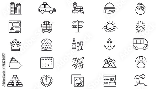 25 Black Vector Icon Set Bundle for Travel, Business, Food and Lifestyle. Minimalist Line Art Symbols featuring Taxi, Airplane, Burger, Cocktail, City Skyline, Map, Weather and Service Icons.