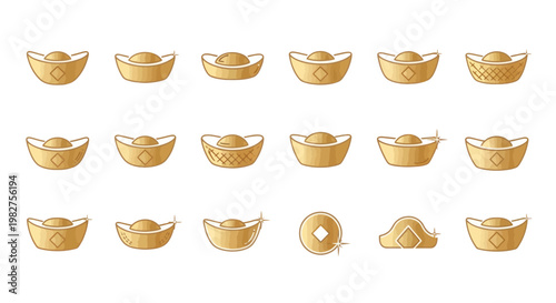 Golden Chinese Yuan Bao Ingots and Coin Icons - Wealth and Prosperity Symbols