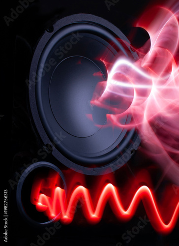 Quadro su tela Sistema de audio del alta fidelidad, bocinas tipo SUBWOOFER para reproducir bajas frecuencias mostrando ondas sonoras