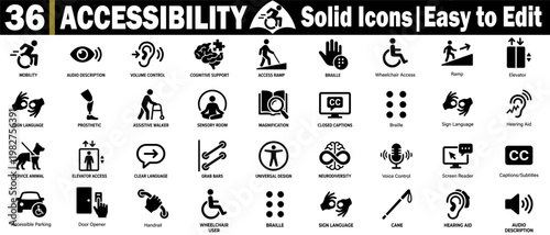 Set of solid accessibility icons. Inclusion and disability support featuring black silhouettes for mobility aids, visual support, and hearing assistance vector illustration.