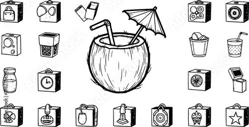 Hand Drawn Doodle Vector Icons: Diverse Black and White Line Art Set with Tropical Coconut Drink, Technology, Food, and Lifestyle Elements for Graphic Design Projects
