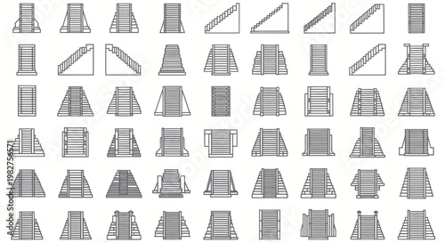 Collection of Mayan Pyramid Staircase Icons and Line Art Illustrations