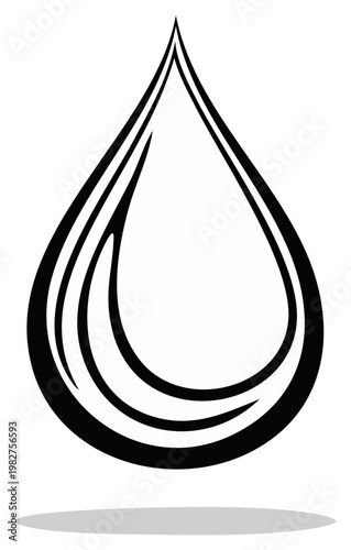 Black and white stylized water droplet illustration with fluid lines and soft shadow below the form.