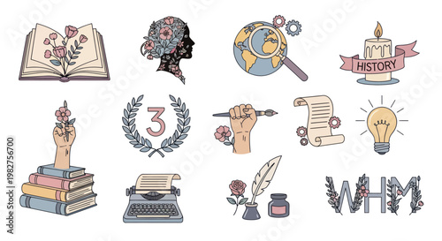 History Month Icons: Book, Typewriter, Candle, Globe, Lightbulb, Silhouette