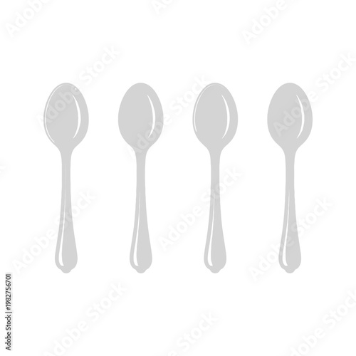 Four silver spoons lined up in a row, isolated against a white background, simple flat design