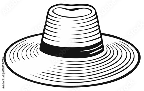 Black and white illustration of a vintage fedora hat, classic design