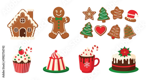 Christmas Sweets Collection: Gingerbread House, Cookie Assortment, Cupcakes, Cake, Hot Chocolate