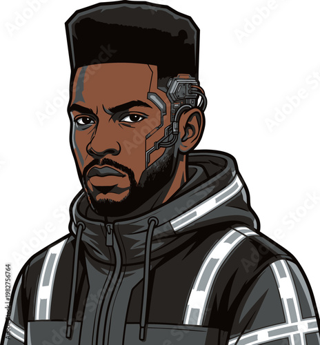 Man with high top fade haircut and cybernetic ear implant, wearing a black hoodie with grey stripes, pixel art style, science fiction character portrait