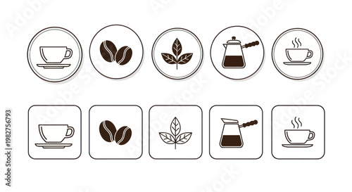 Coffee Icons: Cup, Beans, Leaves, Cezve, Steaming Mug - Circular & Square Set
