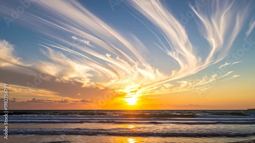 Ocean waves reflecting sunset with streaming clouds above