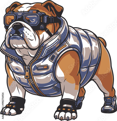 Pixel art bulldog wearing futuristic goggles and a puffer vest, cyberpunk style, standing pose