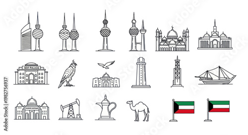 Kuwait Landmarks Collection: Hand-Drawn Icons of Architecture, Culture, and Industry