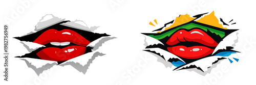 Sexy Red Lips Peek Through Ripped Paper Vector Design