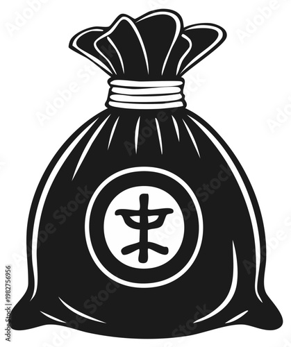 Black stylized money bag icon with traditional symbol and tied string closure