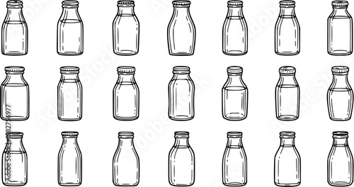 Food  Drink Industry: Hand-drawn Black and White Line Art Illustration of Various Milk Bottles and Glass Containers. Ideal for Dairy, Beverage, and Packaging Concepts.