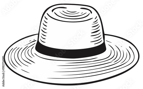 Sketch of a classic straw hat with a wide brim and a dark band