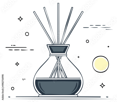 Aromatherapy diffuser with wooden sticks in a vase; minimalist design with subtle highlights