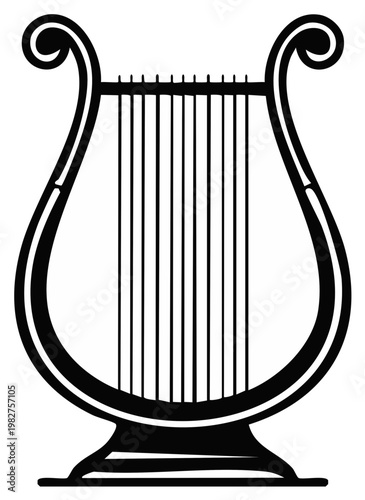 Elegant ancient musical instrument the lyre with strings depicted in black and white silhouette style.