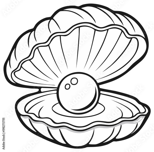 Elegant illustration of an oyster shell with a luminous pearl, detailed line art drawing showcasing marine life and treasure, cartoon style
