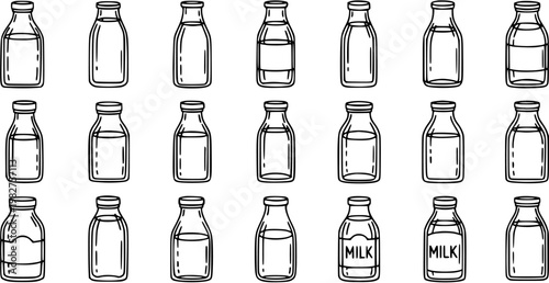 Dairy Food and Drink Industry Milk Bottles Vector Line Art Collection. Hand-drawn outline style beverage containers set isolated on white.