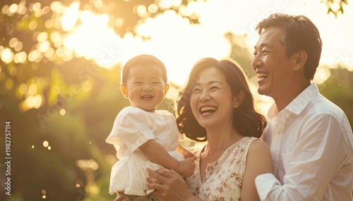 Joyful Asian Family with Toddler Enjoying Golden Hour Outdoors.