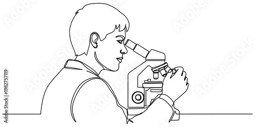 A single continuous line drawing of a focused scientist examining a sample with a microscope