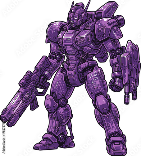 Pixel art mech warrior with detailed armor, holding a large rifle and shield, in a standing pose, isolated on white, sci-fi robot combatant