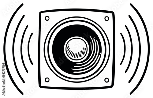 Black and White Speaker with Sound Waves Hand-Drawn Illustration Loudspeaker Audio Musical Equipment