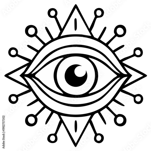 Mystical All-Seeing Eye symbol with triangle, radiating lines, and circle accents, black and white line art