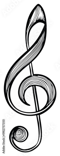 Elegant treble clef symbol with detailed hatching representing musical notation and art