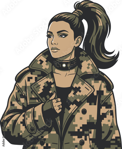 Pixel art woman in camouflage trench coat and choker, looking to the side, military fashion style, retro video game aesthetic
