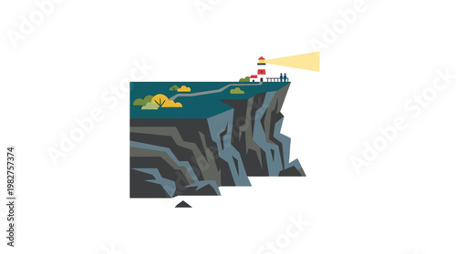 Icon of Lighthouse on Rocky Clifftop with Beacon Light in Flat Style