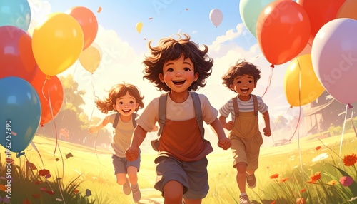 Joyful Children Running Through a Sunny Meadow with Balloons.