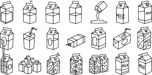 Hand-drawn Black and White Line Art Doodles of Milk Cartons and Beverage Boxes for Food  Dairy Industry Packaging Vector Set