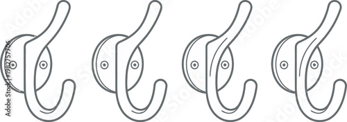 Set of four matching wall mounted coat hooks, simple line drawing illustration, interior design elements, clothing storage solutions