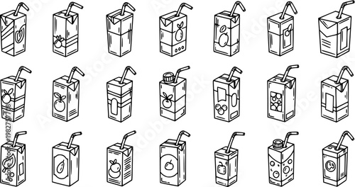 Food and Beverage Black and White Line Art Hand-Drawn Doodle Icons Set of Juice Boxes and Drink Cartons with Straws. Outline Vector Collection for Kids' Drinks.