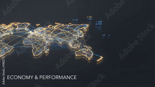 Global economic market data analytics and geopolitics visualization showing world map network connections for financial crisis monitoring and international trade performance tracking background.