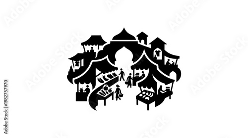 Vector Icon of Traditional Village Scene with Houses and Cultural Elements