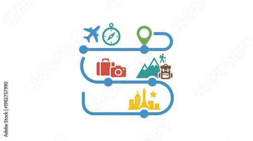 Vector Icon of Travel Road Map with Landmarks and Transportation Symbols