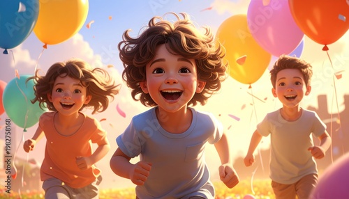 Joyful Children Running with Balloons in a Sunny Outdoor Celebration.