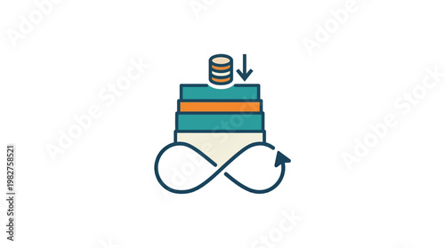 Economical Investment Concept Icon with Coins and Infinity Symbol in Flat Vector Style