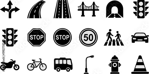 Comprehensive vector icon set featuring essential road signs, traffic regulations, urban transportation, and street infrastructure elements for design and navigation concepts
