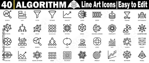 Algorithm line icons set. Collection of search, sort, filter, optimize, analyze, learn, queue, stack, hashing, cryptography, network, tree graph, blockchain, pattern model, vector illustration.