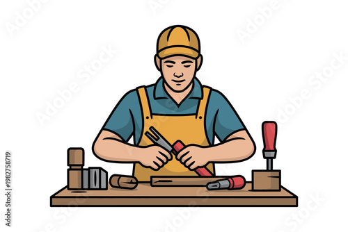 Carpenter works with tools on a wooden board at his workbench top.