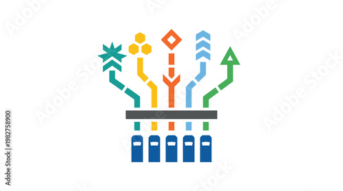 Vector Icon of Futuristic Data Network with Bright Connected Circuits and Technology Elements