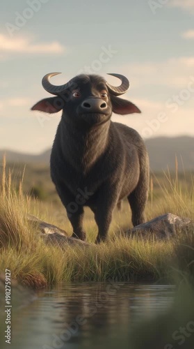 Buffalo grazing by a tranquil pond nature scene serene landscape daylight view