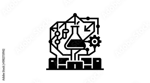 Vector Icon of Laboratory Flask with Scientific Equipment and Molecules