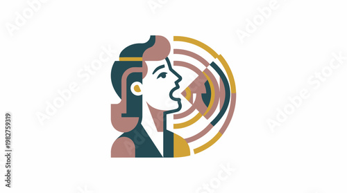 Vector Icon of Woman Listening to Music in Profile with Sound Waves Illustration