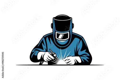 Welder wearing a protective mask works on metal with bright sparks.